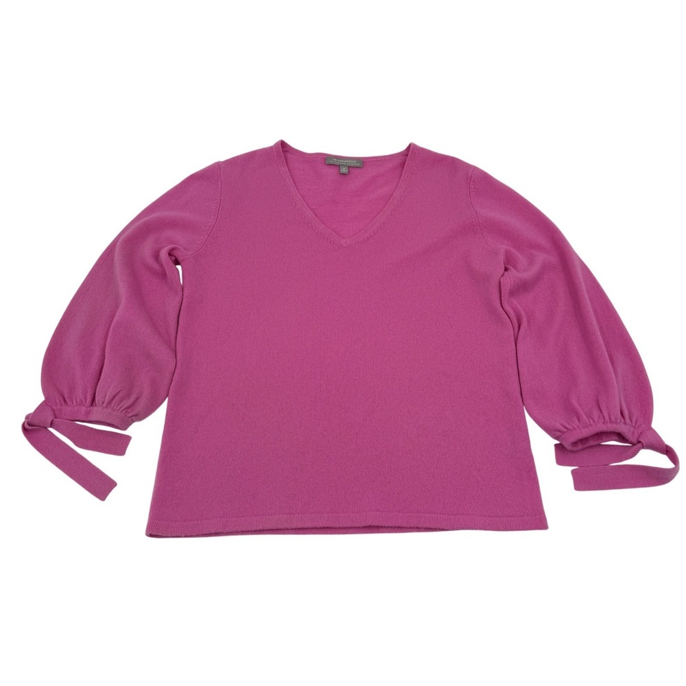 Neiman Marcus Cashmere Sweater Womens Medium Pink V Neck‎ Puff Tie Sleeve